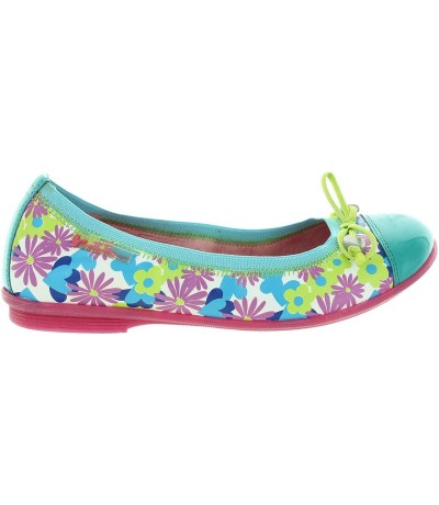 Green girls closed heel flats in flower filled leather 