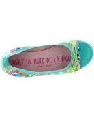 Green girls closed heel flats in flower filled leather 