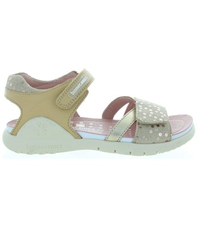Beige leather sandals with polka dot trim 