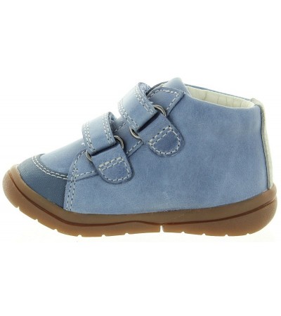 Blue ankle high top boots for a toddler 