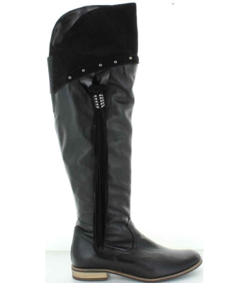Tall black leather boots that stretch over the knees