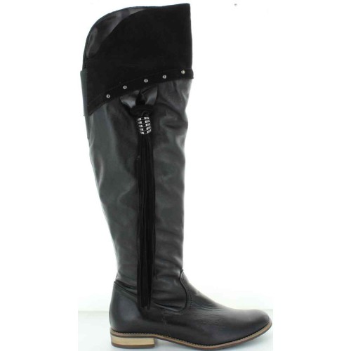 Boots that stretch over the knees that are tall and black 