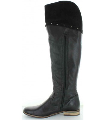 Boots that stretch over the knees that are tall and black 