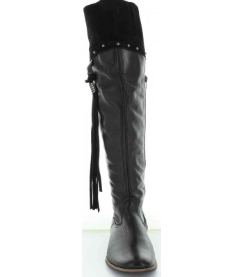Boots that stretch over the knees that are tall and black 